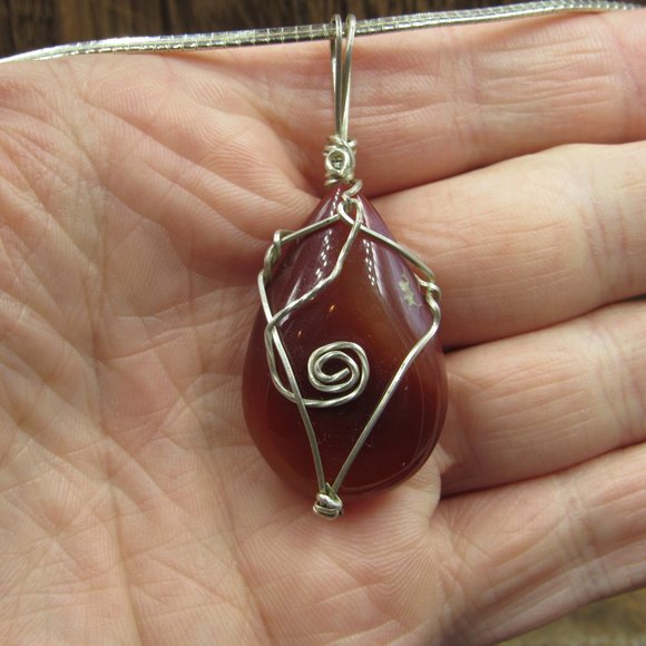 16" Sterling Silver Hand Wrapped Maroon Stone Pendant Necklace Vintage - Picture 2 of 7